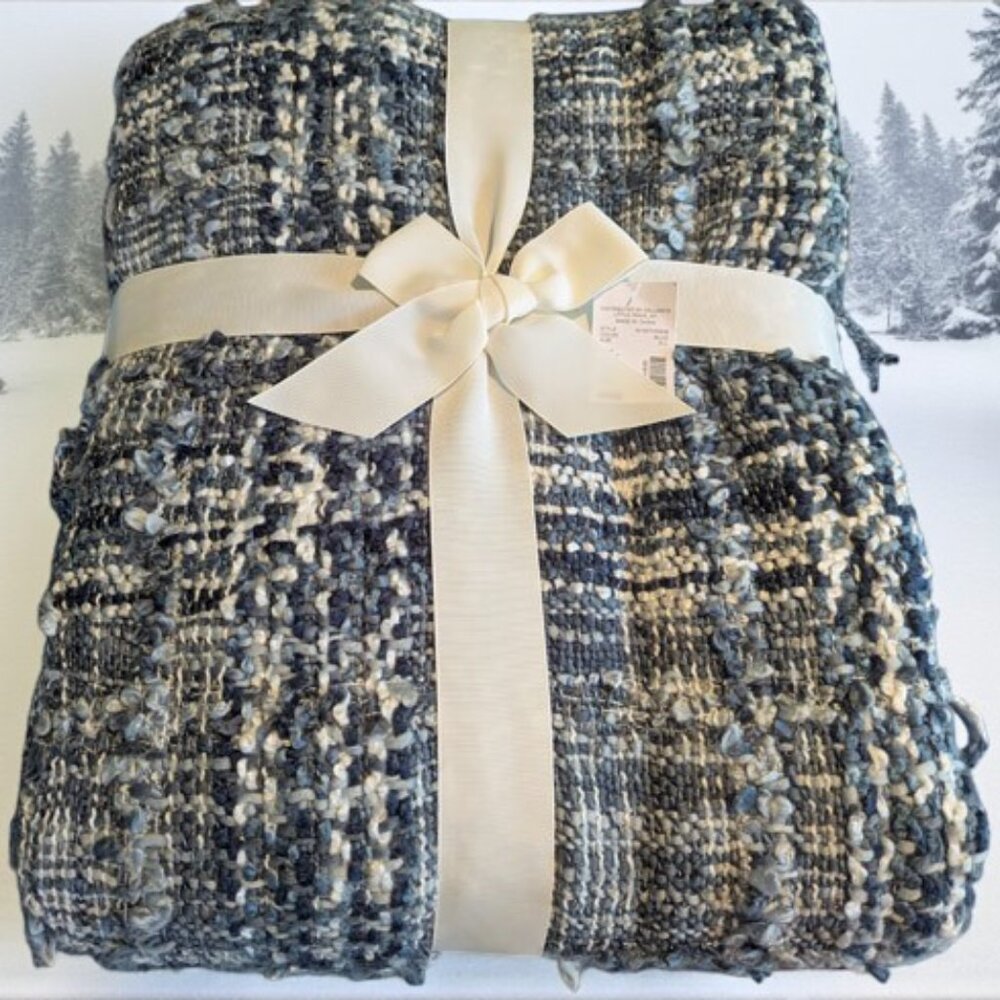 NWT Soft Cotton Blend Throw - Beautiful Stitching - Multi-Use - Shades of Blue